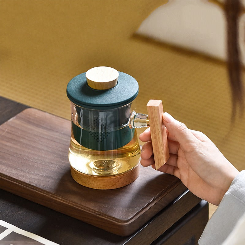 Glass Tea Cup With Wooden Bottom And Porcelain Infuser