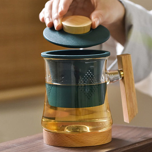 Glass Tea Cup With Wooden Bottom And Porcelain Infuser