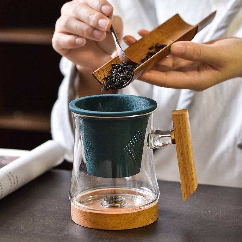 Glass Tea Cup With Wooden Bottom And Porcelain Infuser