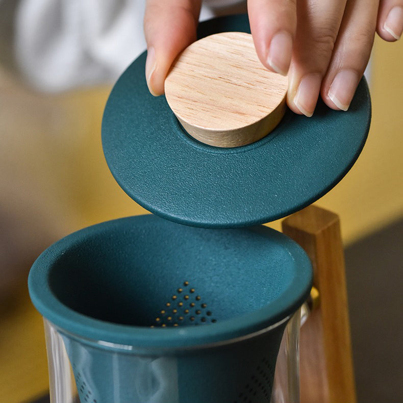 Glass Tea Cup With Wooden Bottom And Porcelain Infuser