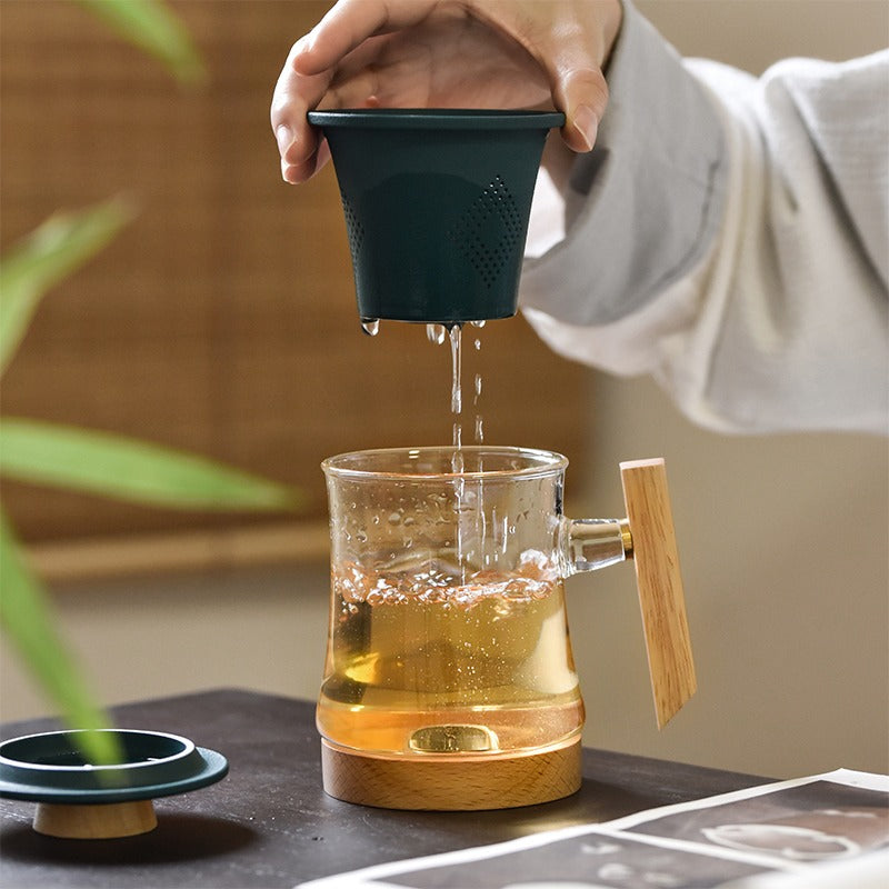 Glass Tea Cup With Wooden Bottom And Porcelain Infuser