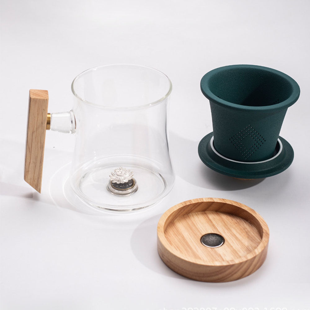 Glass Tea Cup With Wooden Bottom And Porcelain Infuser