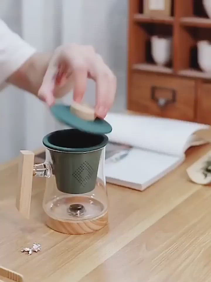 Glass Tea Cup With Wooden Bottom And Porcelain Infuser