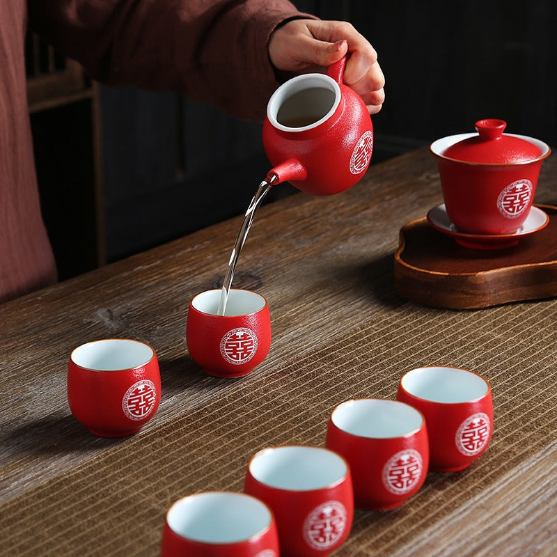 Chinese Double Happiness Red Wedding Tea Set