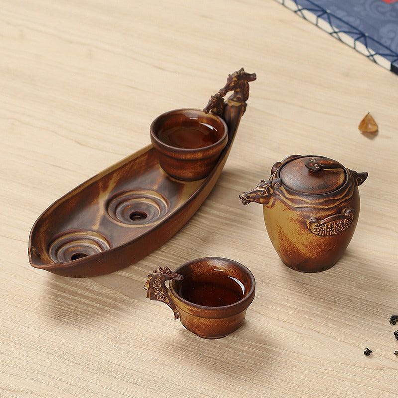 Chinese Boat Shaped Pottery Tea Set