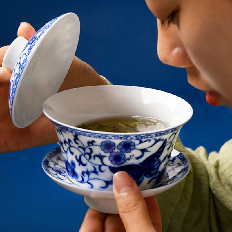 Blue &amp; White Porcelain Flower Gaiwan