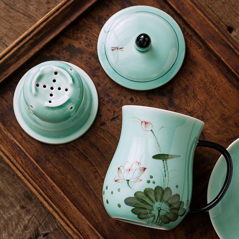 Oriarm Chinese Porcelain Tea Cup With Infuser and Lid, China Ceramic Tea  Mug Set Longquan Celadon Gift Ware 