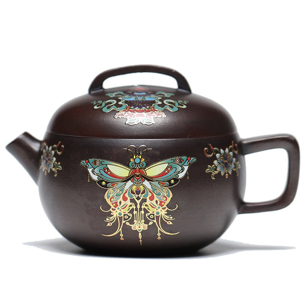 Yixing Purple Clay Enamel Butterfly Teapot