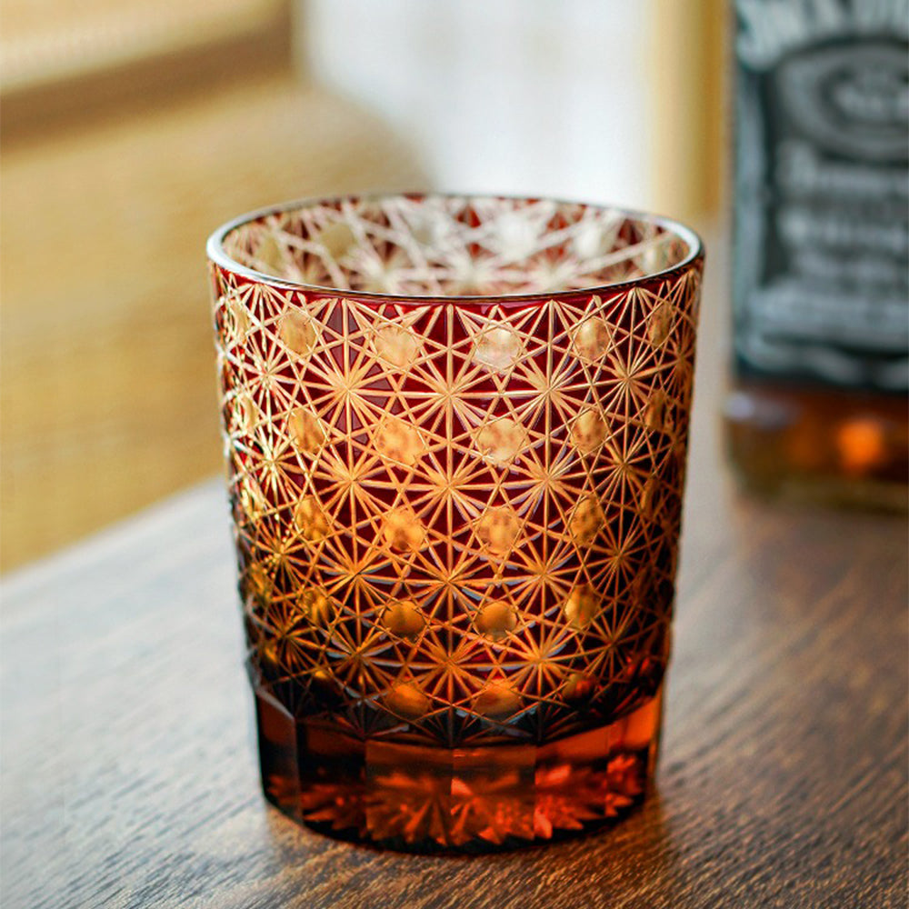 Edo Kiriko Amber Star Chrysanthemum Whiskey Glass Tea Cup