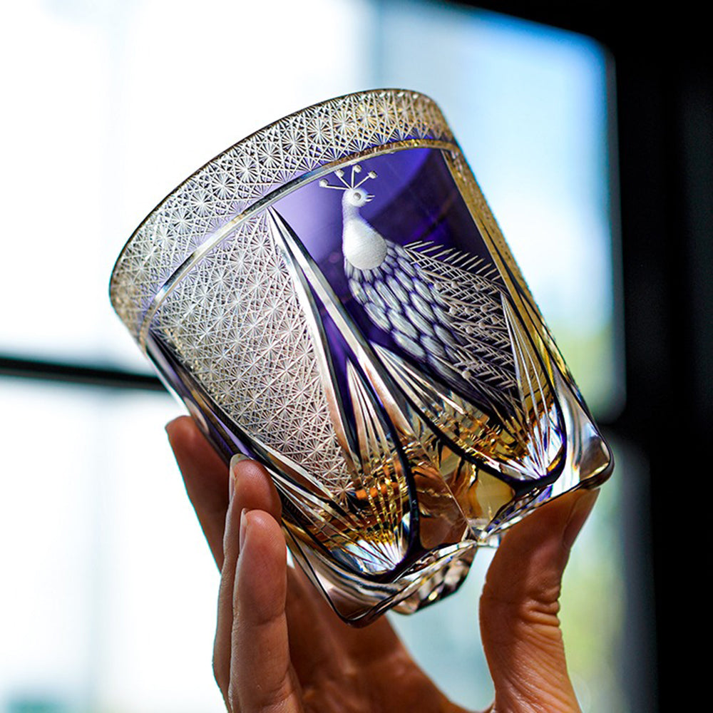 Edo Kiriko Handcrafted Violet Peacock Whisky Glass Tea Cup