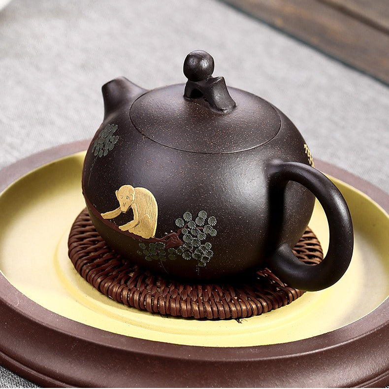 Yixing Black Golden Clay Monkey Pine Teapot