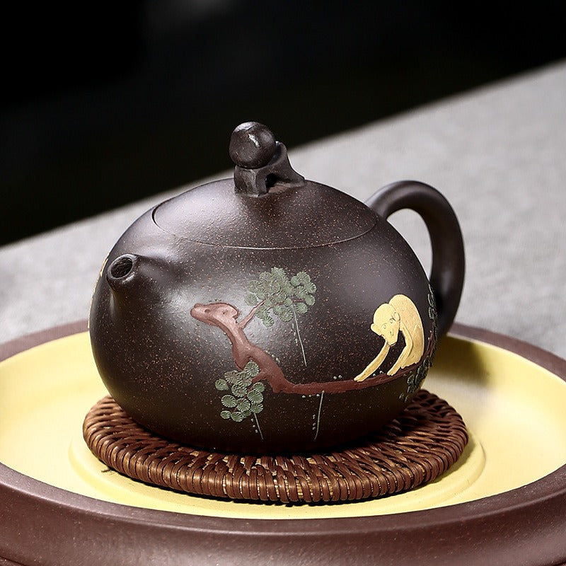 Yixing Black Golden Clay Monkey Pine Teapot