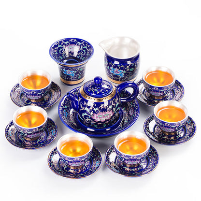 Enamel Porcelain Tea Set With Inner Sterling Silver