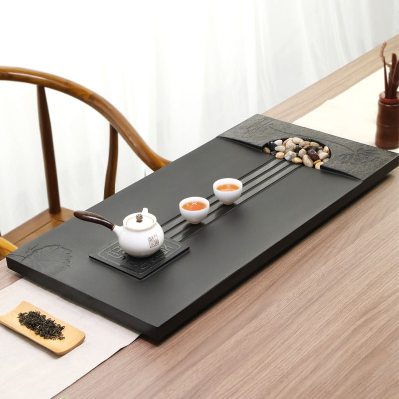 Black Stone Tea Tray With Lotus Flower