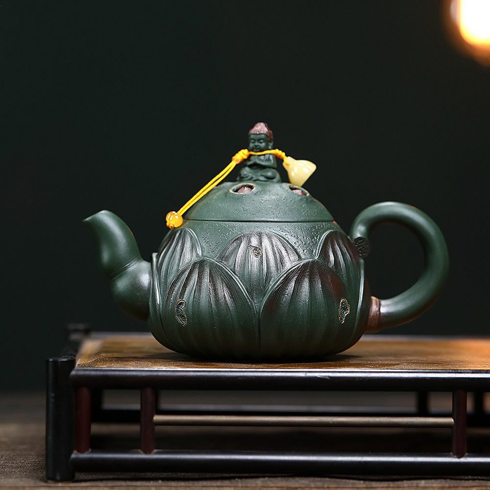 Yixing Dark Green Clay Lotus Teapot