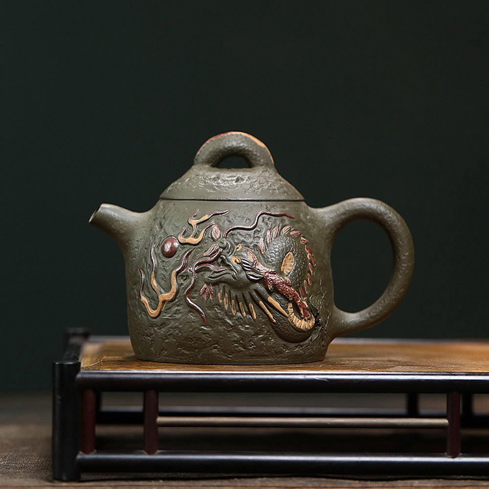 Yixing Dark Green Clay Dragon Qin Quan Teapot