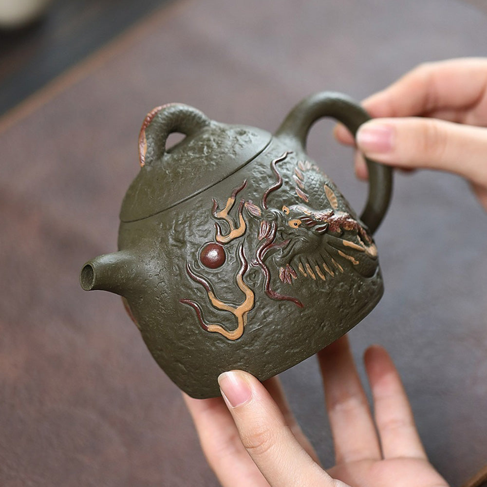 Yixing Dark Green Clay Dragon Qin Quan Teapot