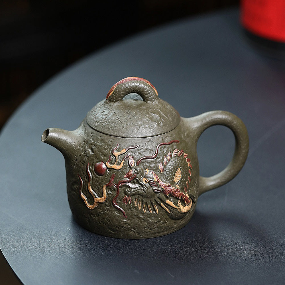 Yixing Dark Green Clay Dragon Qin Quan Teapot