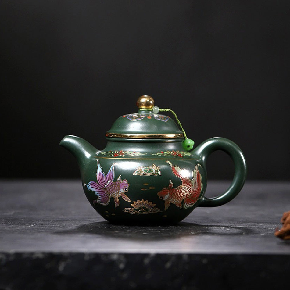 Yixing Green Clay Goldfish Duo Qiu Teapot