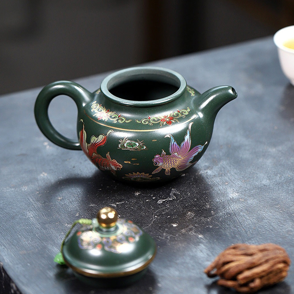 Yixing Green Clay Goldfish Duo Qiu Teapot