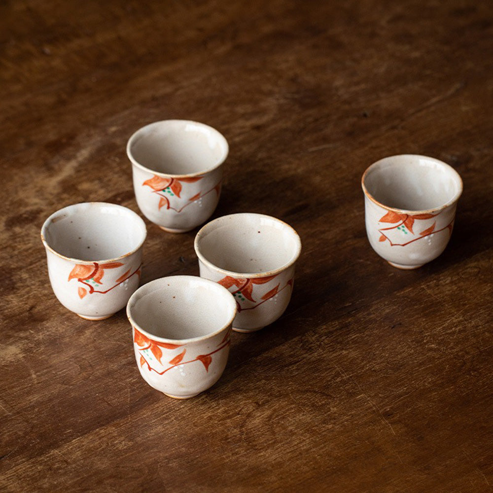 Japanese Ceramic Flower Dance Tea Cup Set of Five