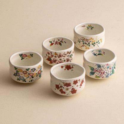 Japanese Mino-yaki Flower Tea Cup Set of Five