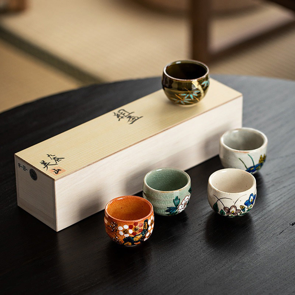 Japanese Kutani-yaki Floral Tea Cup Set of Five