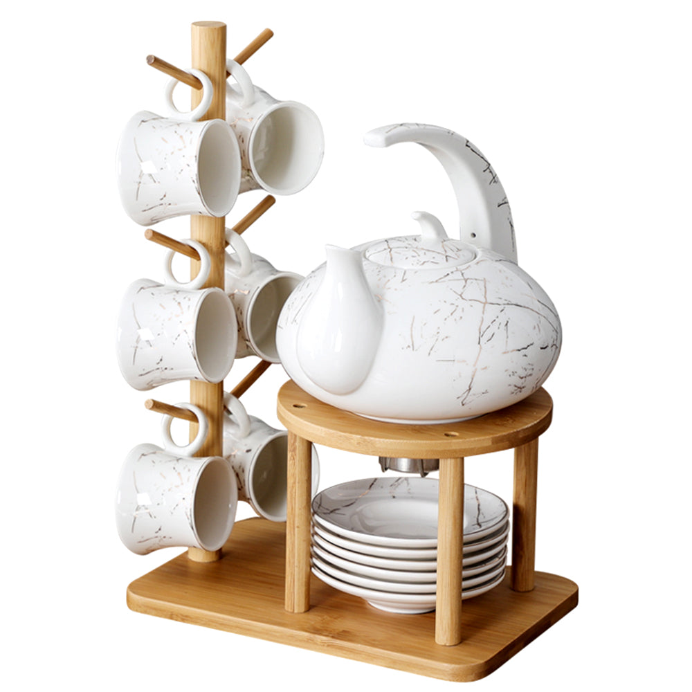 Modern Ceramic Marble Tea Set With Bamboo Rack