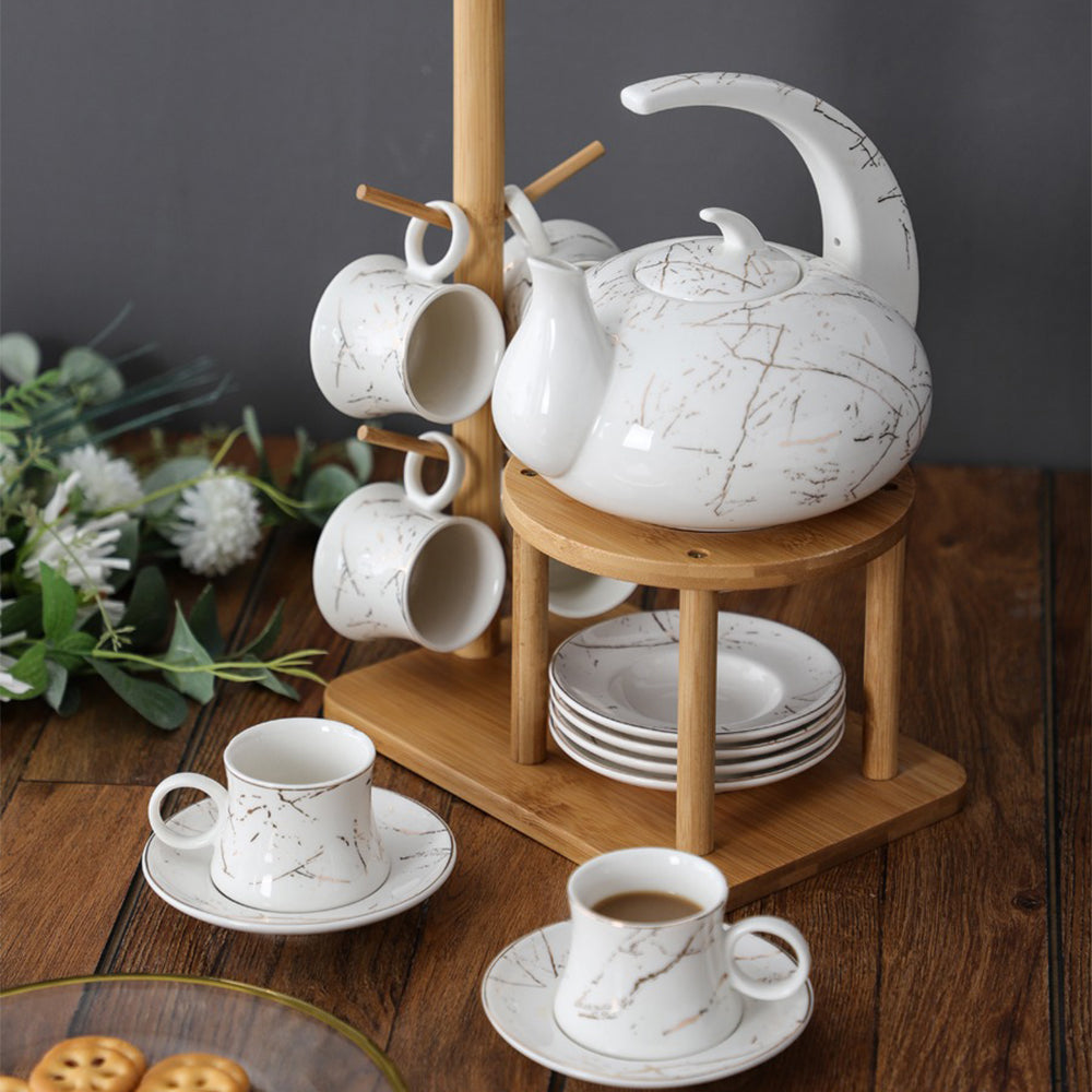 Modern Ceramic Marble Tea Set With Bamboo Rack