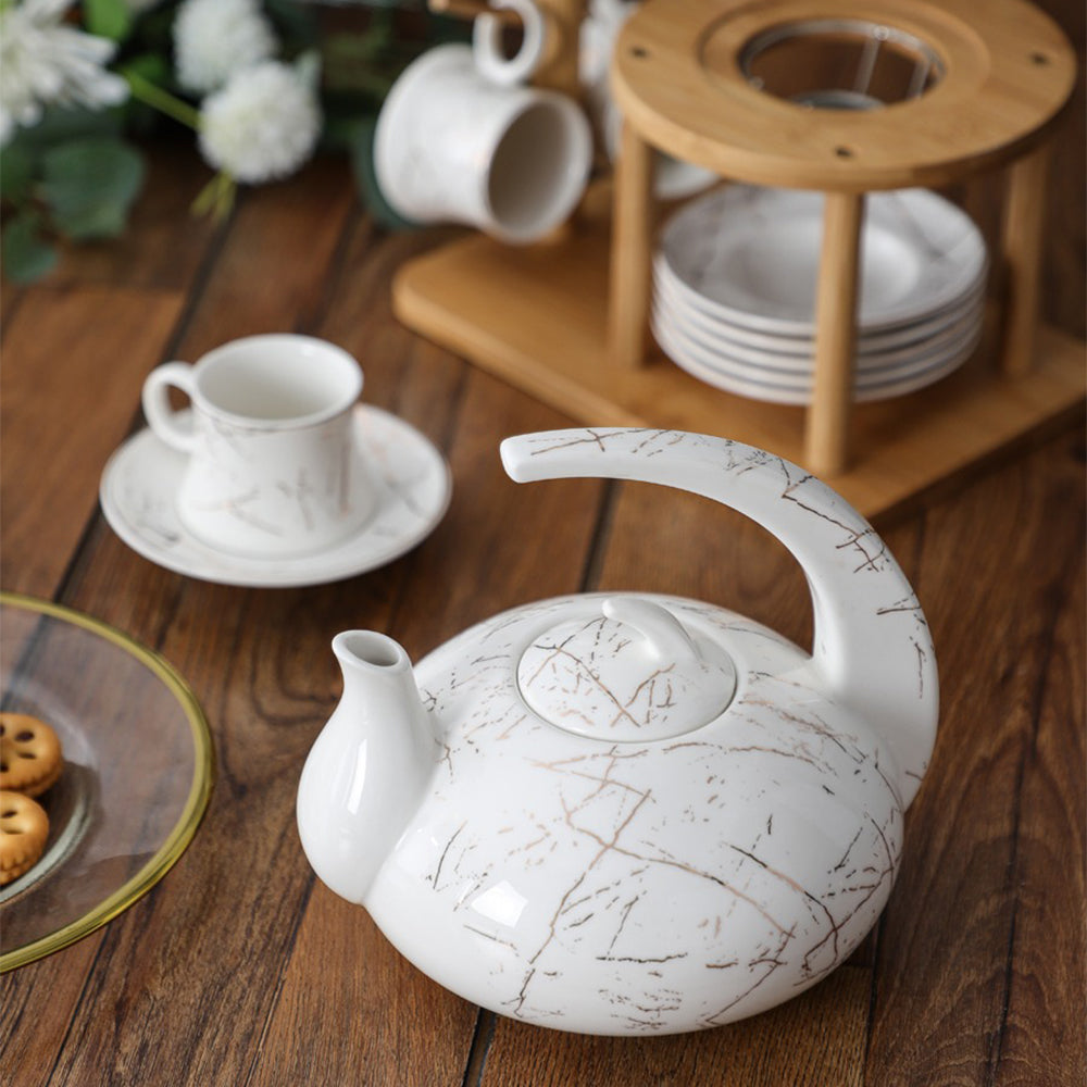 Modern Ceramic Marble Tea Set With Bamboo Rack