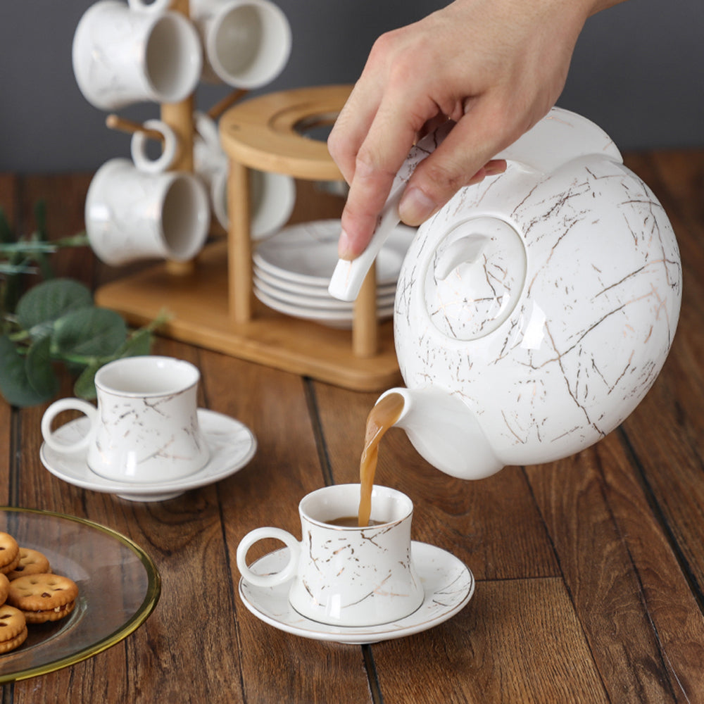 Modern Ceramic Marble Tea Set With Bamboo Rack