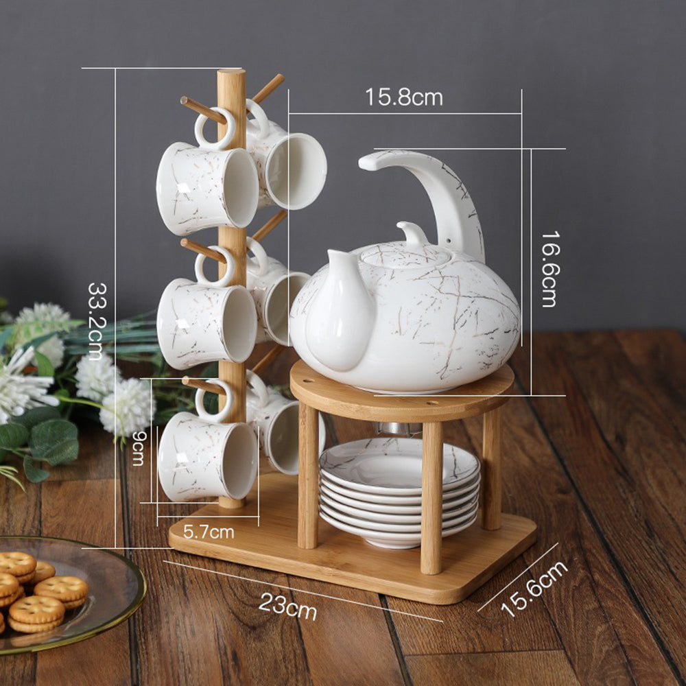 Modern Ceramic Marble Tea Set With Bamboo Rack