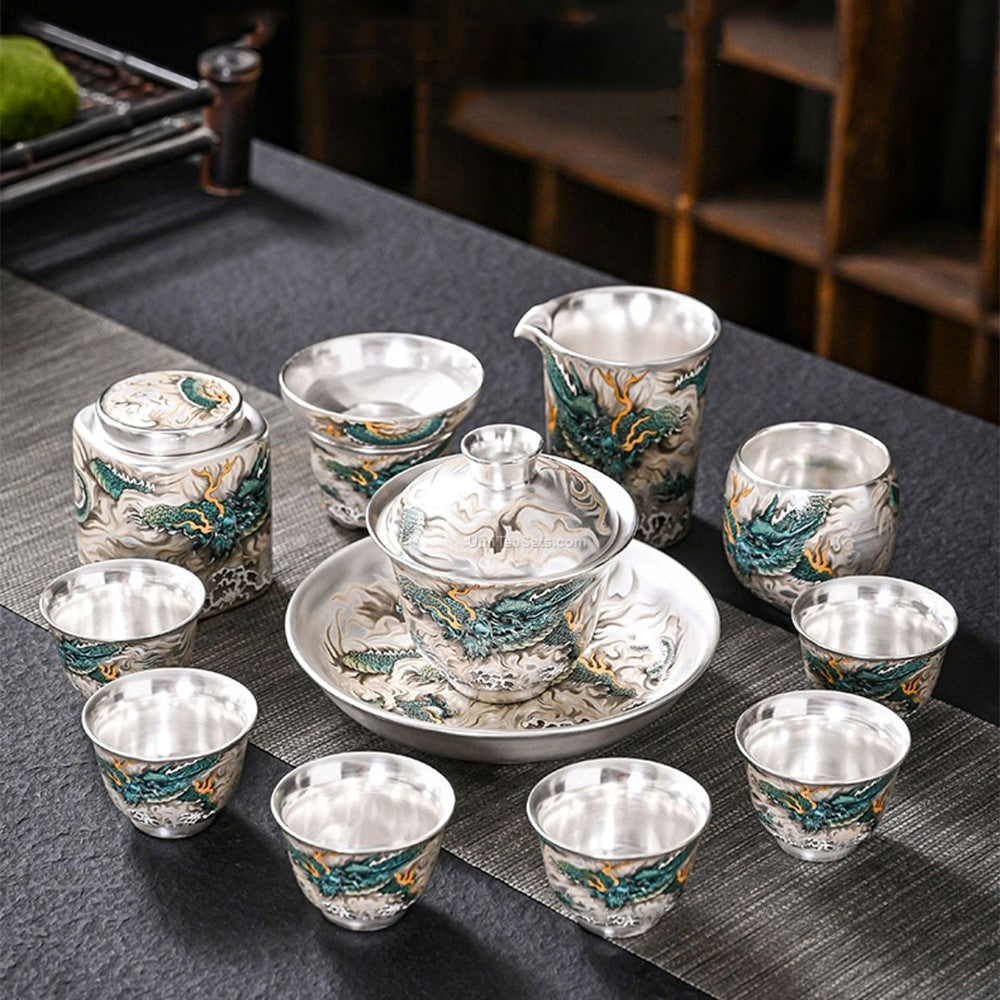 Chinese Azure Dragon Sterling Silver Tea Set