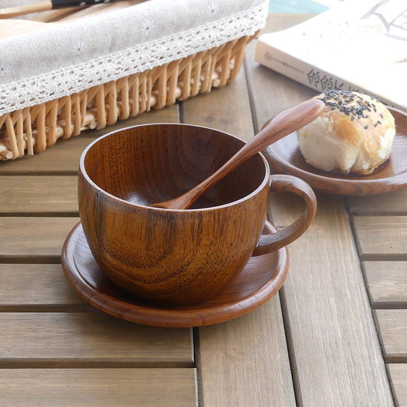 Wooden Tea Cup With Saucer And Spoon (Set of 2)