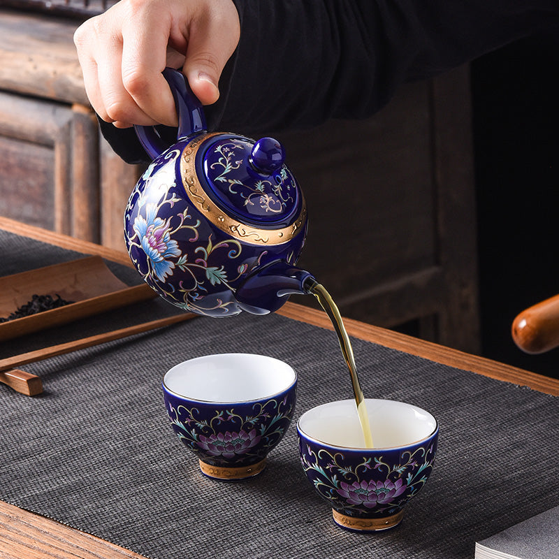 Enamel Porcelain Tea Set With Inner Sterling Silver