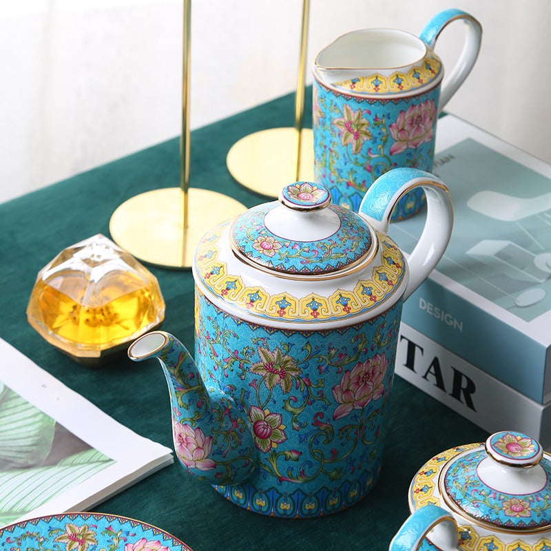 Blue Bone China Lotus Tea Set