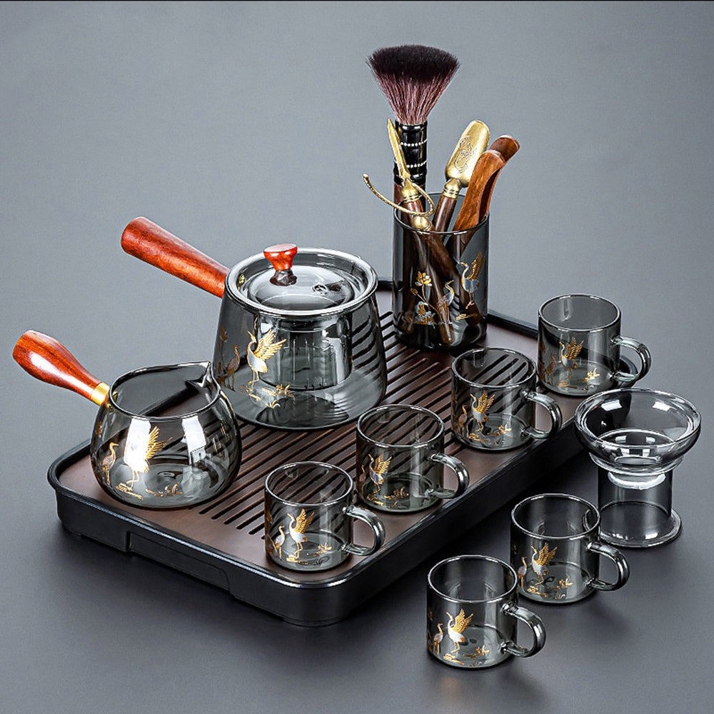 Ink Glass Tea Set With Golden Crane