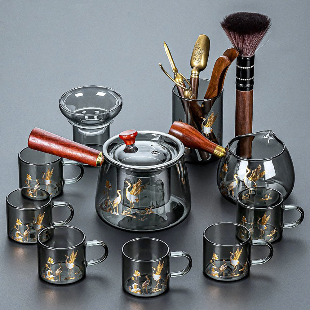 Ink Glass Tea Set With Golden Crane