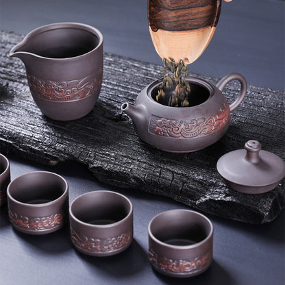 Yixing Purple Clay Relif Lotus Tea Set