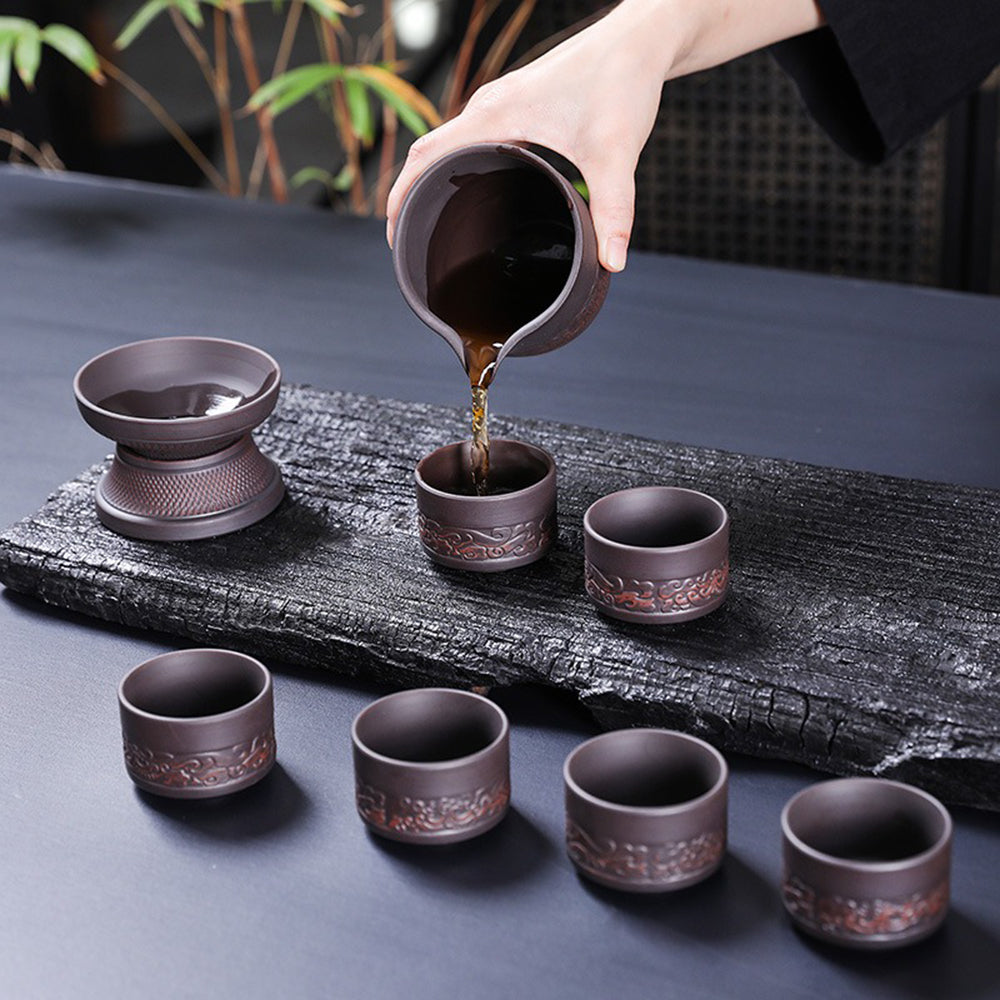 Yixing Purple Clay Relif Lotus Tea Set