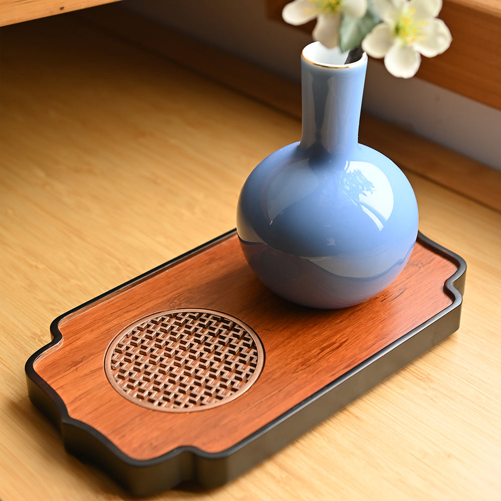 Hollow Metal Stand Bamboo Tea Tray