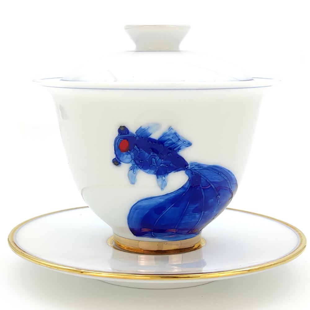 Suet Jade Porcelain Blue and White Goldfish Gaiwan