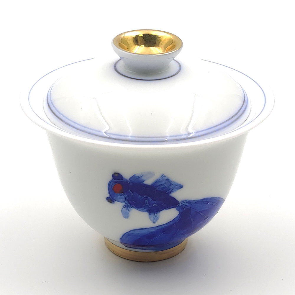 Suet Jade Porcelain Blue and White Goldfish Gaiwan