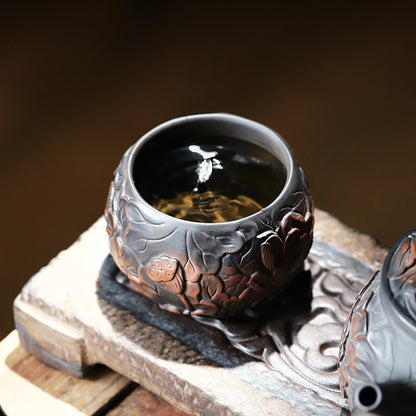 Black Pottery Relief Lotus Kung Fu Tea Cup