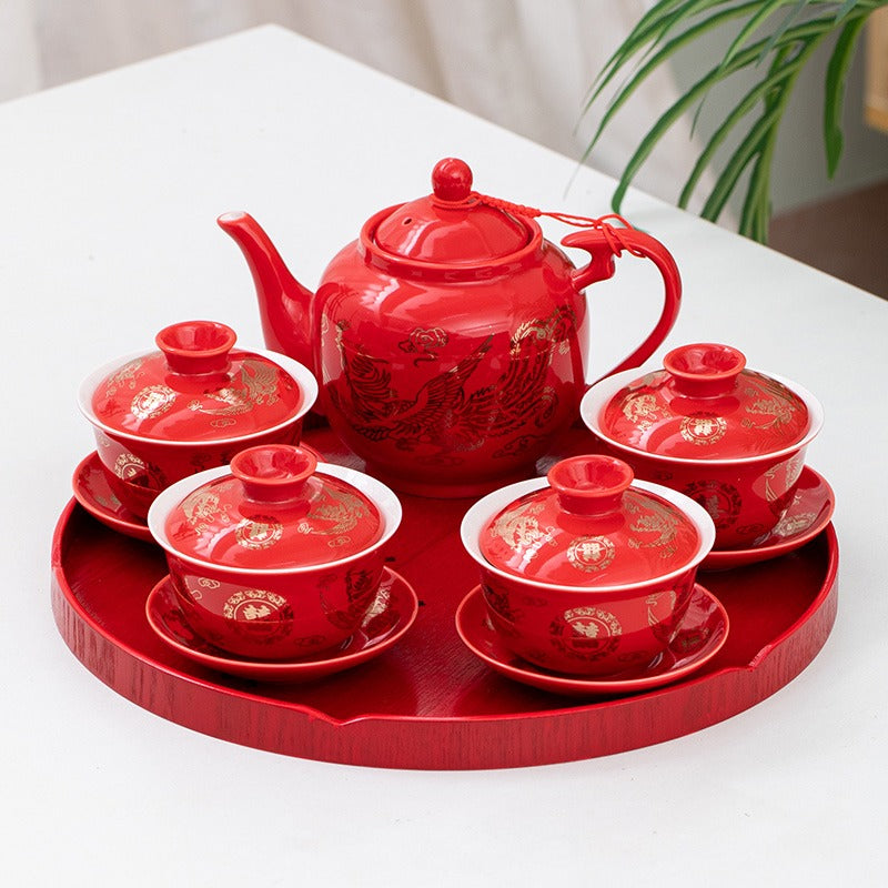 Chinese Wedding Teapot With Four Gaiwan