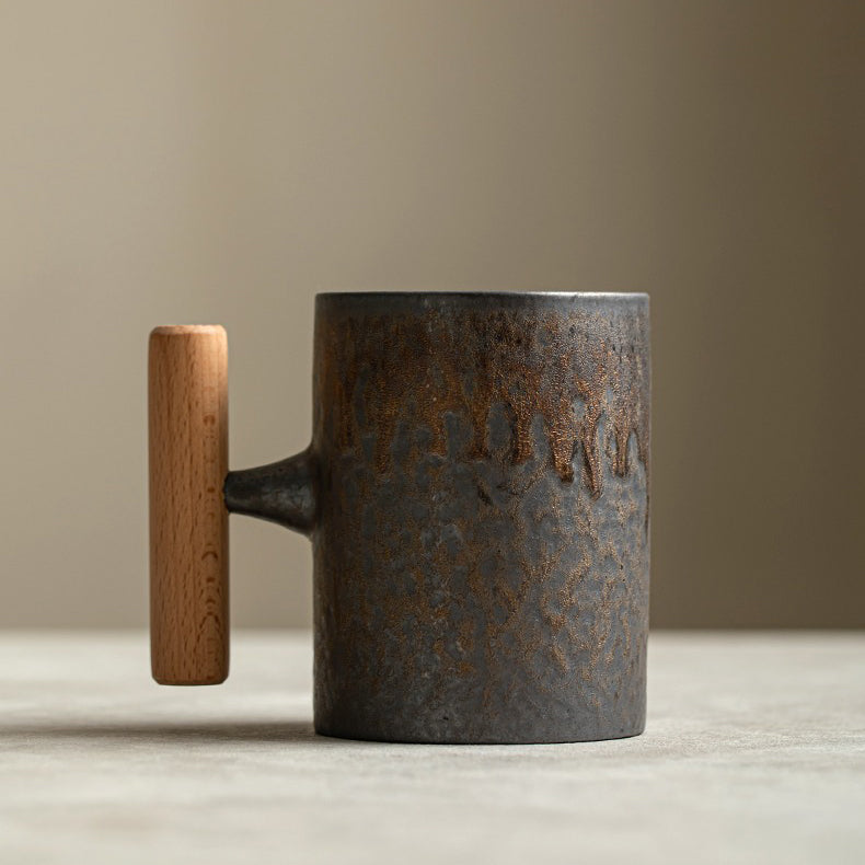 12 oz Japanese-style Vintage Ceramic Coffee Mug with Wood Handle