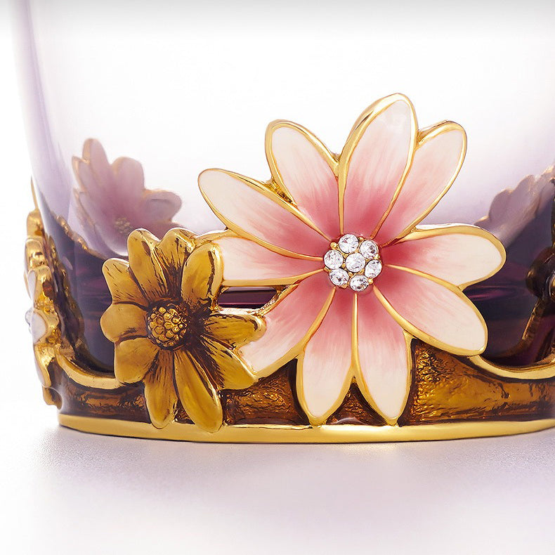 Clear glass tea cup with enameled flowers on Craiyon