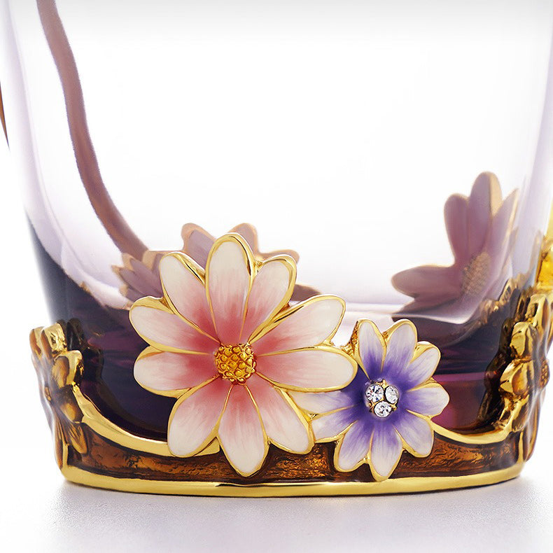 Clear glass tea cup with enameled flowers on Craiyon