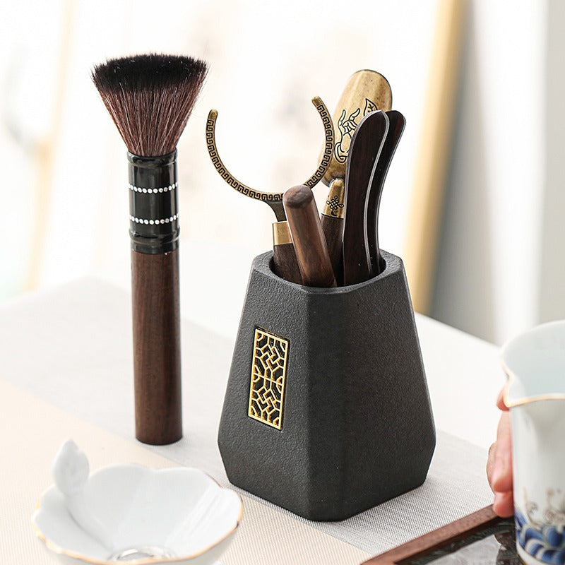 Ebony Tea Utensils Set With Black Ceramic Holder