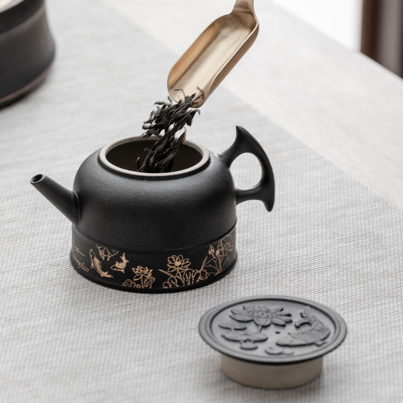 Ebony Tea Utensils Set With Ceramic Koi Holder